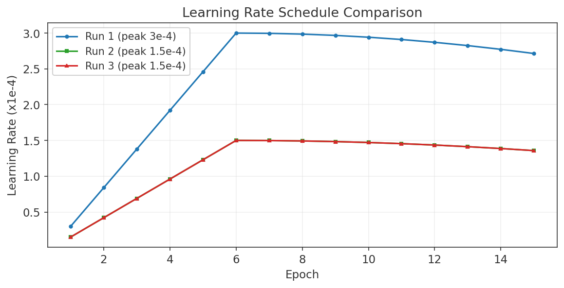 Learning rate schedules across all three runs.